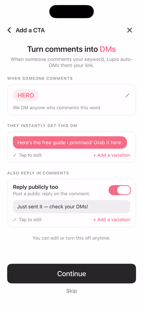 The Lupis automations screen: a keyword rule that auto-DMs a link when someone comments.