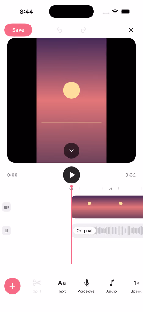The Lupis editor: a reel on a timeline with text, voiceover, audio and speed controls.